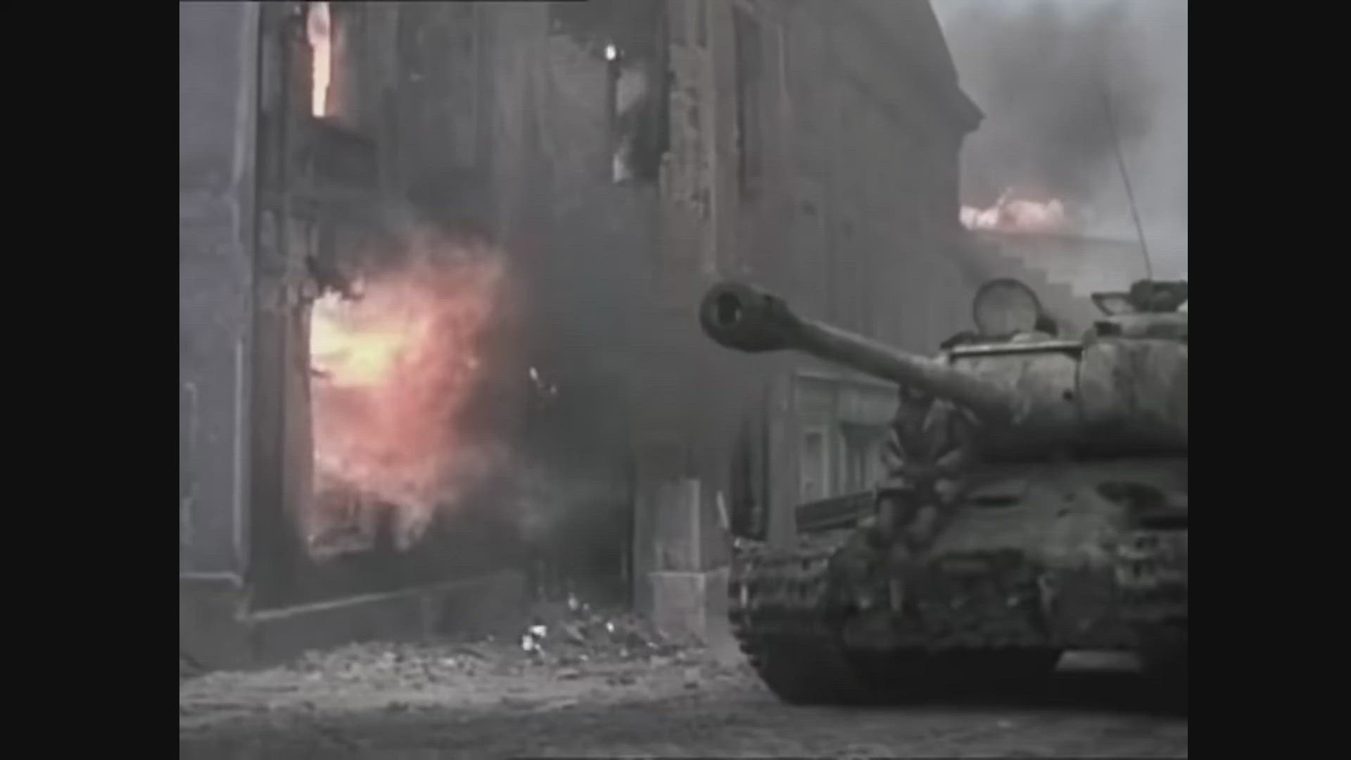 'Video thumbnail for Soviet Tank Passes Burning Building'