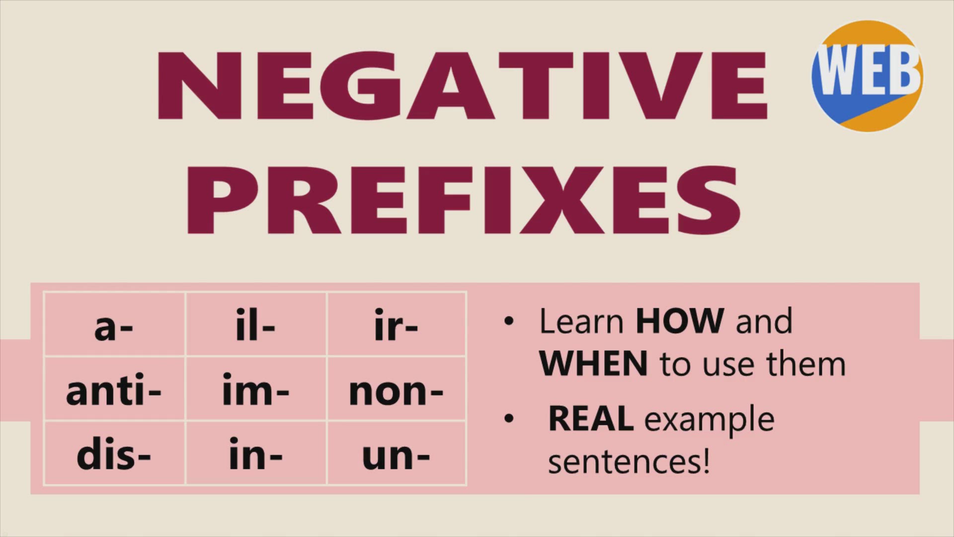 'Video thumbnail for 9 Common Negative English Prefixes'