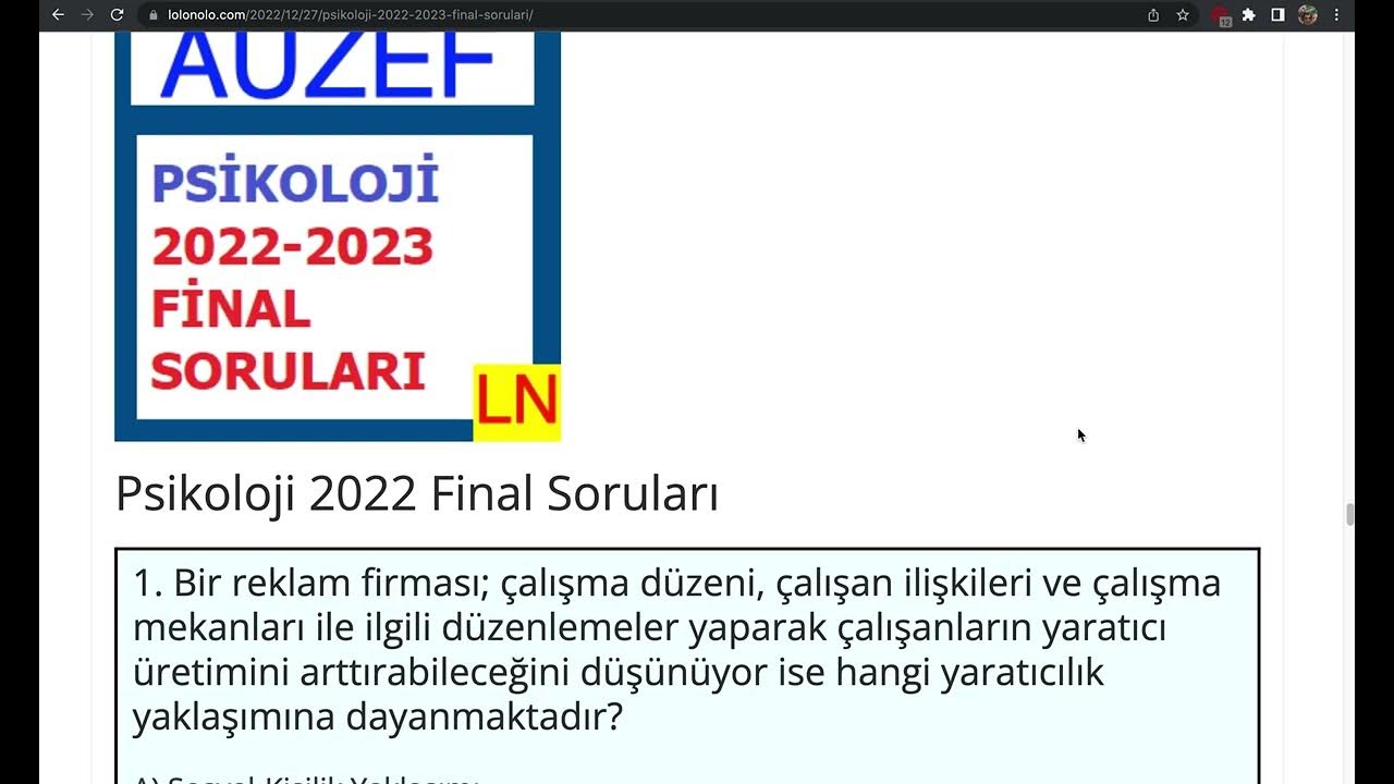 'Video thumbnail for Psikoloji 2022 Final Soruları'