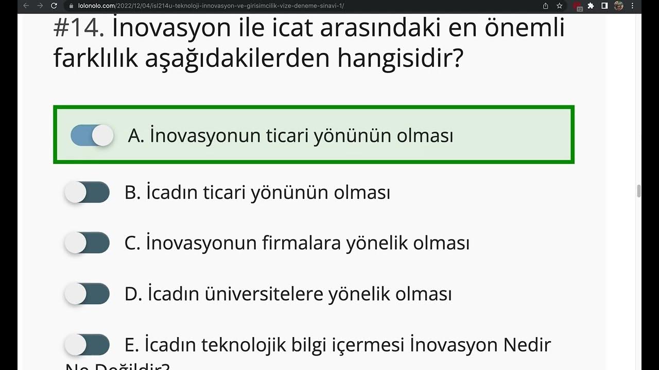 'Video thumbnail for İŞL214U Teknoloji, İnnovasyon ve Girişimcilik Vize Deneme Sınavı -1'