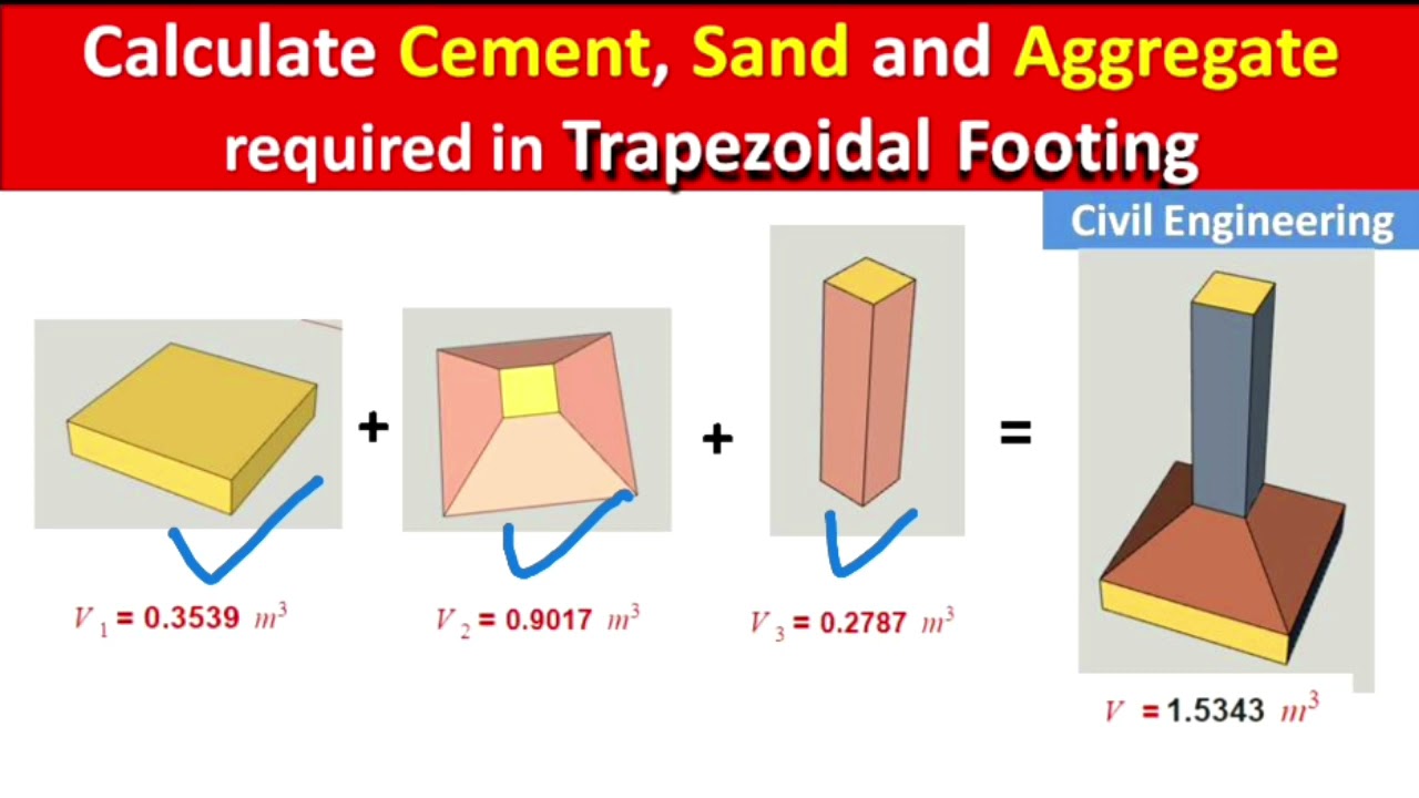 Video thumbnail for How to Calculate Cement, Sand and Aggregate (Concrete) required in Trapezoidal Footing?