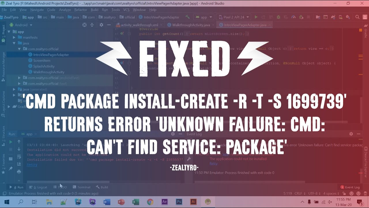 Video thumbnail for How To Fix 'Unknown failure: cmd: Can't find service: package' in Android Studio