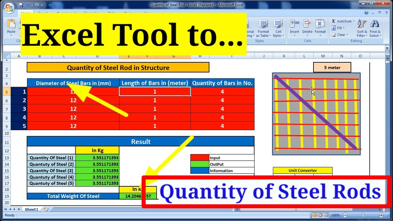Video thumbnail for Excell-Sheet Tool to calculate Quantity of steel Rod in slab, column, beam | Civil Concept