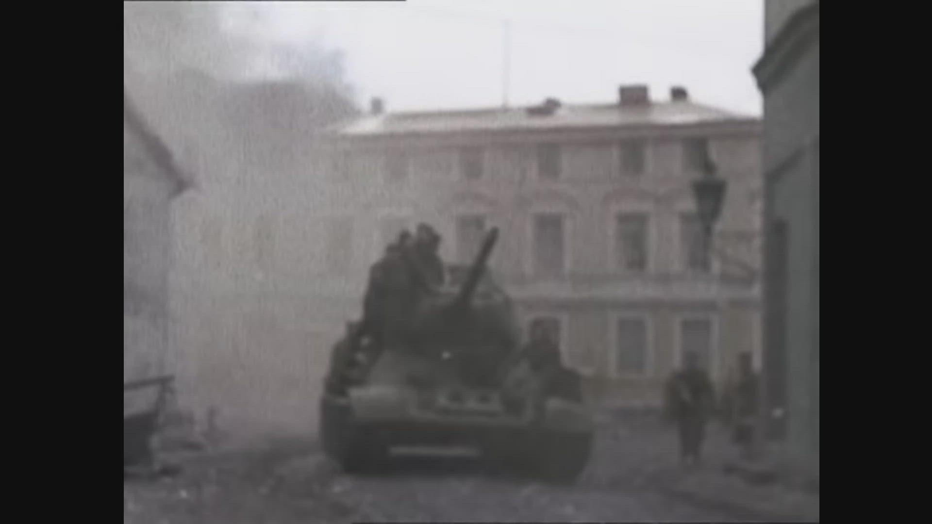 'Video thumbnail for Soviet Tank Rides Through Captured Town'
