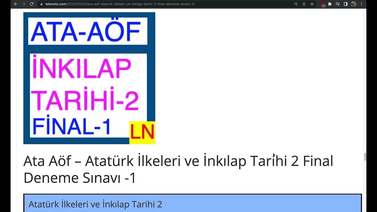 'Video thumbnail for Ata Aöf - Atatürk İlkeleri ve İnkılap Tarihi 2 Final Denem Sınavı 1'