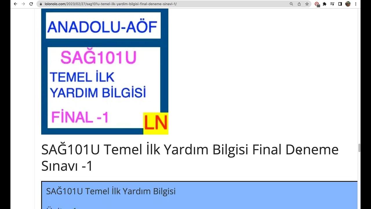 'Video thumbnail for SAĞ101U Temel İlk Yardım Bilgisi Final Deneme Sınavı -1'