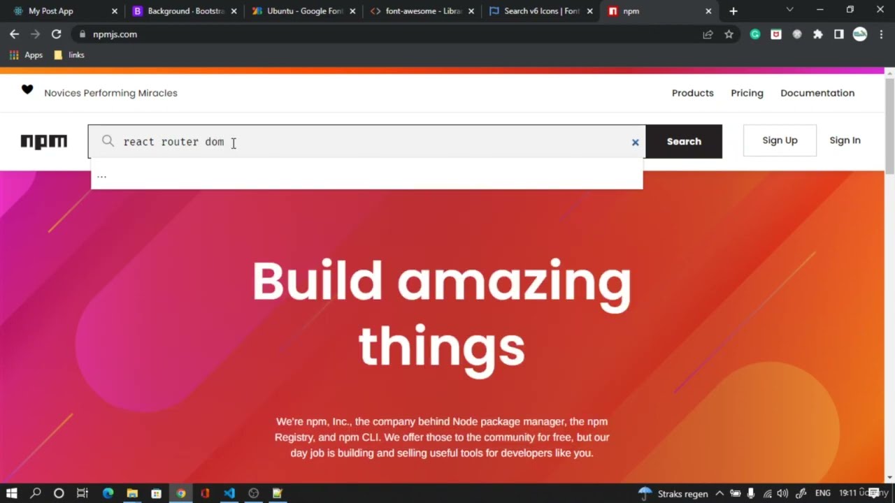 'Video thumbnail for ReactJs: Installing npm package for react router dom'