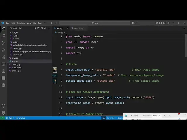'Video thumbnail for Python 3 rembg Script to Replace Background of Image With Custom Image Using OpenCV in Terminal'