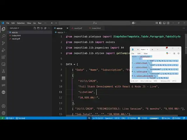 'Video thumbnail for Python 3 ReportLab Library Script to Export Colorful Invoice Billing Data Table in PDF & Save it'