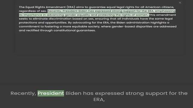 'Video thumbnail for The Equal Rights Amendment (ERA) aims to guarantee equal legal rights for all American citizens, regardless of sex. Recently, President Biden has expressed strong support for the ERA, emphasizing its importance in advancing gender equalit'
