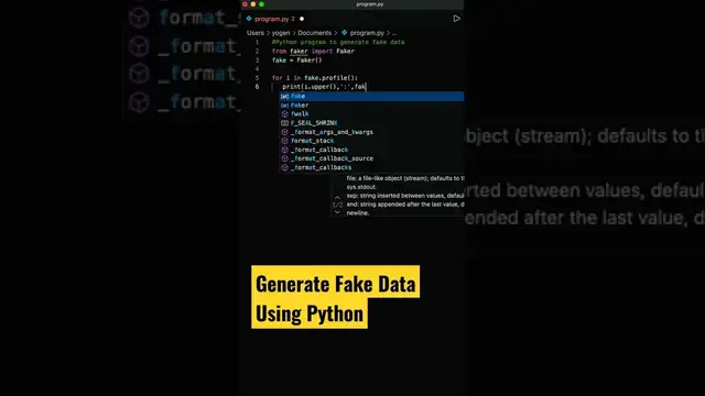 'Video thumbnail for Python program to generate fake data like name, email  #shorts #coding #programming'