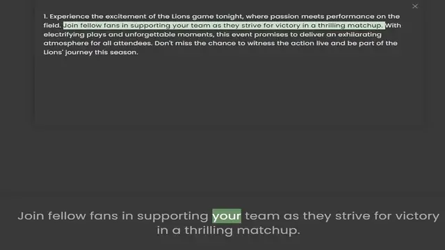 'Video thumbnail for 1. Experience the excitement of the Lions game tonight, where passion meets performance on the field. Join fellow fans in supporting your team as they strive for victory in a thrilling matchup. With electrifying plays and unforgettable mo'