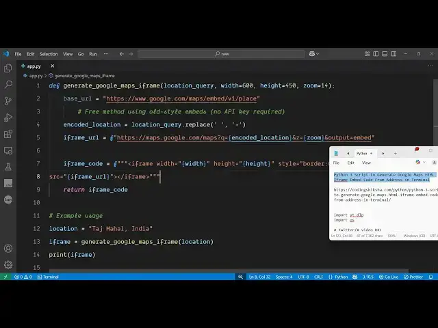 'Video thumbnail for Python 3 Script to Generate Google Maps HTML Iframe Embed Code From Address in Terminal'