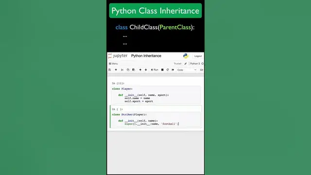 'Video thumbnail for Python Class Inheritance - Parent Class, Child Class and super function (Quick tutorial) #shorts'