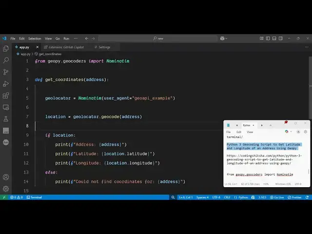 'Video thumbnail for Python 3 Geocoding Script to Get Latitude and Longitude of an Address Using Geopy'