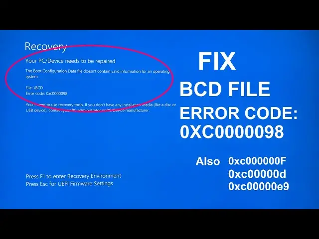 'Video thumbnail for Your PC/Device Needs To Be Repaired - Error Code: 0xc0000098 [Solved] | Fix BSOD Errors'