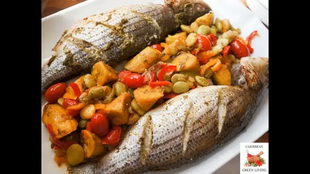 'Video thumbnail for Roasted Sea Bass with Lima Beans, Peppers, and Plantains'