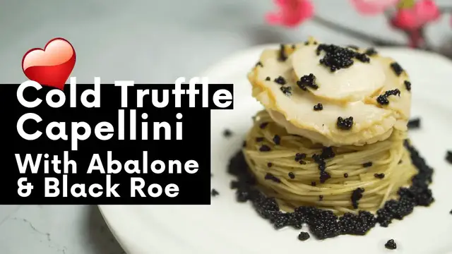 'Video thumbnail for Cold Truffle Capellini with Abalone and Black Roe'