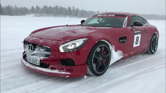 'Video thumbnail for AMG Mercedes GT 63 on the snow race court in Sweden! Slow Motion!'
