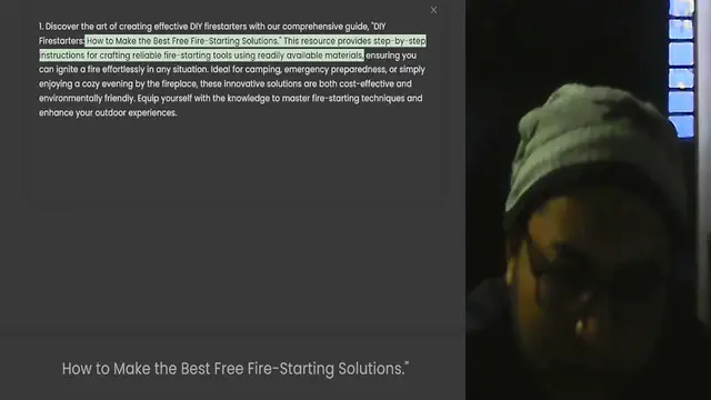 'Video thumbnail for 1. Discover the art of creating effective DIY firestarters with our comprehensive guide, DIY Firestarters How to Make the Best Free Fire-Starting Solutions. This resource provides step-by-step instructions for crafting reliable fire-start'