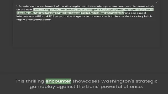 'Video thumbnail for 1. Experience the excitement of the Washington vs. Lions matchup, where two dynamic teams clash on the field. This thrilling encounter showcases Washington's strategic gameplay against the Lions' powerful offense, promising an action-pack'