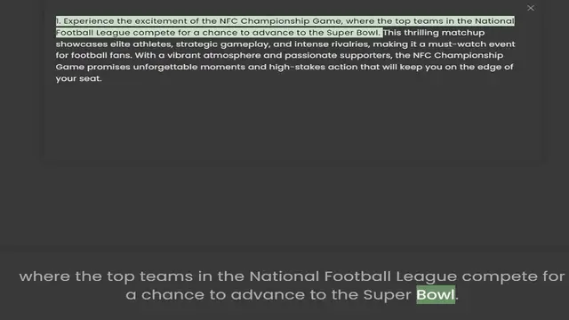 'Video thumbnail for 1. Experience the excitement of the NFC Championship Game, where the top teams in the National Football League compete for a chance to advance to the Super Bowl. This thrilling matchup showcases elite athletes, strategic gameplay, and int'