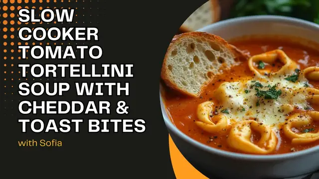 'Video thumbnail for Slow Cooker Tomato Tortellini Soup with Cheddar & Toast Bites'