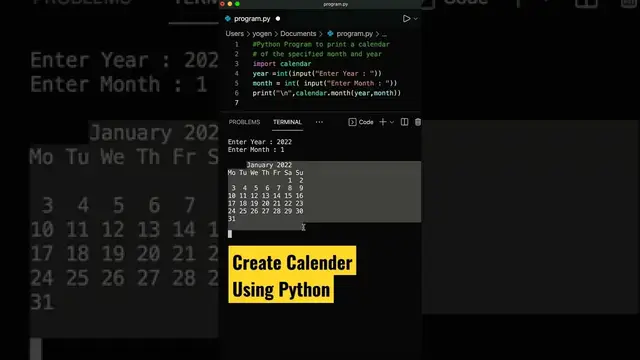 'Video thumbnail for Python program to print a calendar of the specified month and year #shorts #coding #programming'