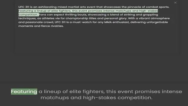 'Video thumbnail for UFC 311 is an exhilarating mixed martial arts event that showcases the pinnacle of combat sports. Featuring a lineup of elite fighters, this event promises intense matchups and high-stakes competition. Fans can expect thrilling bouts, sho'