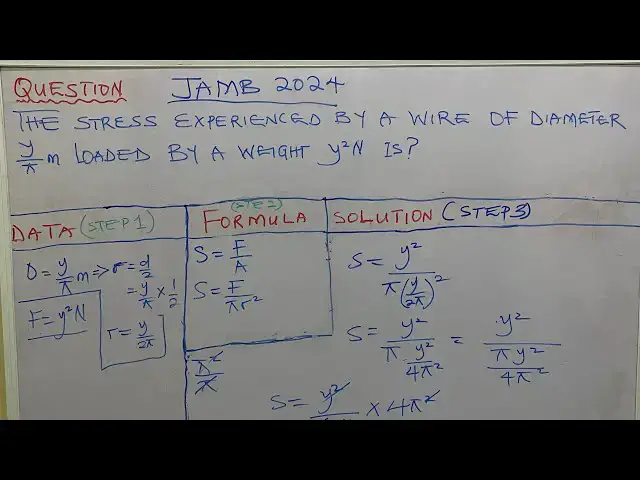 'Video thumbnail for The stress experienced by a wire of diameter y/π m loaded by a weight y²N is?'