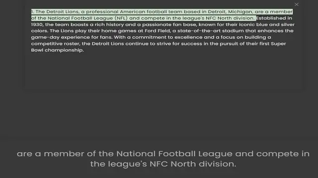 'Video thumbnail for 1. The Detroit Lions, a professional American football team based in Detroit, Michigan, are a member of the National Football League (NFL) and compete in the league's NFC North division. Established in 1930, the team boasts a rich history'