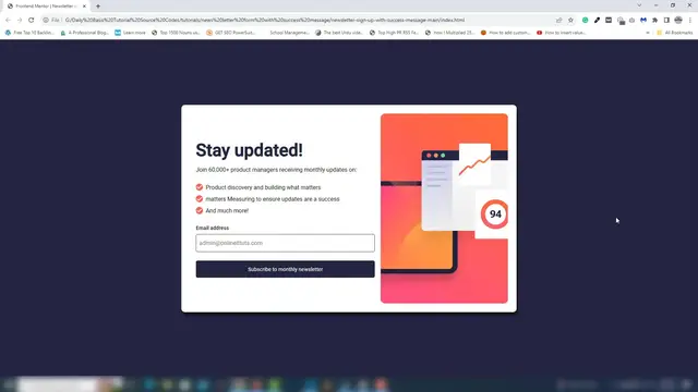 'Video thumbnail for newsletter sign-up form with success message using HTML CSS & JS'