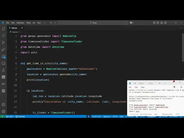 'Video thumbnail for Python 3 Script to Get Current Time & Timezone of Any City Name Using Geopy & TimezoneFinder Library'