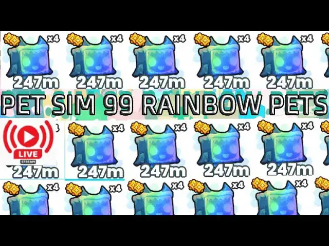 'Video thumbnail for 🔴 LIVE Pet Simulator 99 RAINBOW PETS Giveaway #roblox #petsim99 #petsimx Pet Sim 99 Pets'