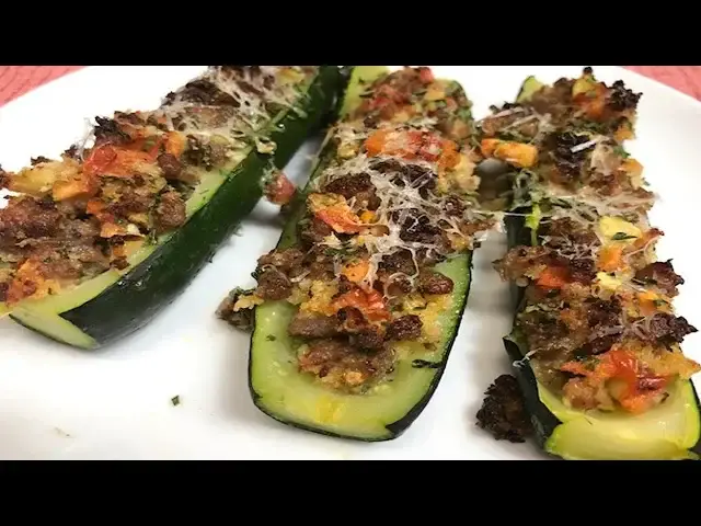 'Video thumbnail for Italian Sausage Stuffed Zucchini Boats'