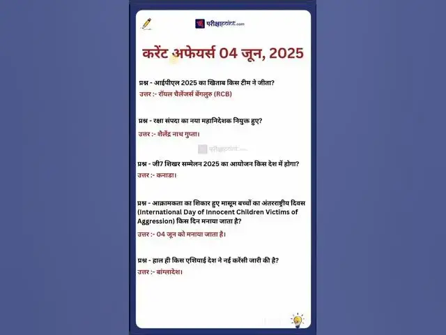 'Video thumbnail for 04 June 2025 Current Affairs in Hindi #hindicurrenttaffairs #gkinhindi #todaycurrentaffairs'
