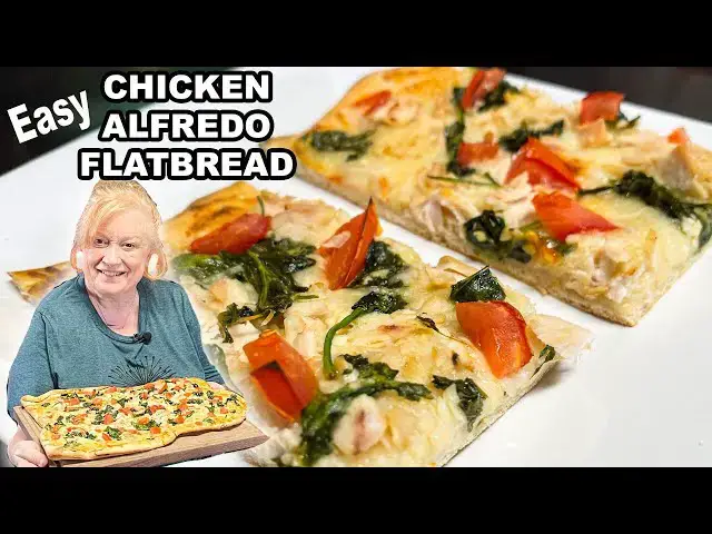 'Video thumbnail for CHICKEN ALFREDO FLATBREAD, Easy Italian Pizza with White Alfredo Sauce'