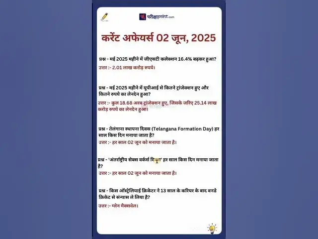 'Video thumbnail for 02 June 2025 Current Affairs in Hindi #hindicurrenttaffairs #gkinhindi #todaycurrentaffairs'
