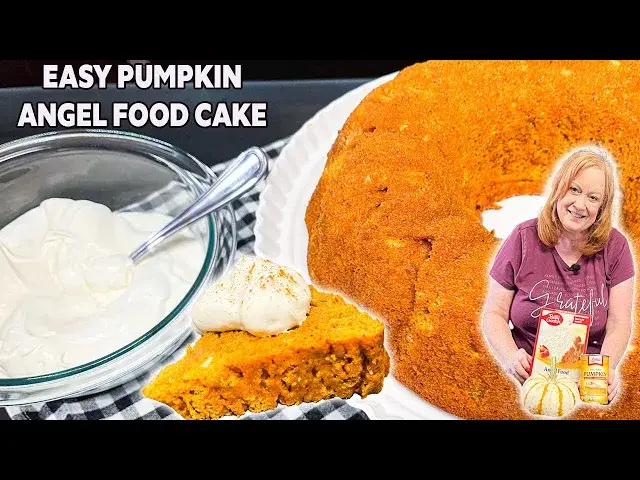 'Video thumbnail for The Easiest PUMPKIN ANGEL FOOD CAKE with HOMEMADE WHIPPING TOPPING'