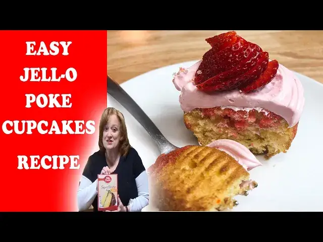 'Video thumbnail for STRAWBERRY JELLO POKE CUPCAKES EASY RECIPE | BAKE WITH ME CUPCAKES'