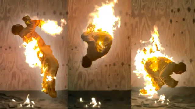 'Video thumbnail for Stuntman performs backflips whilst in a full body burn'