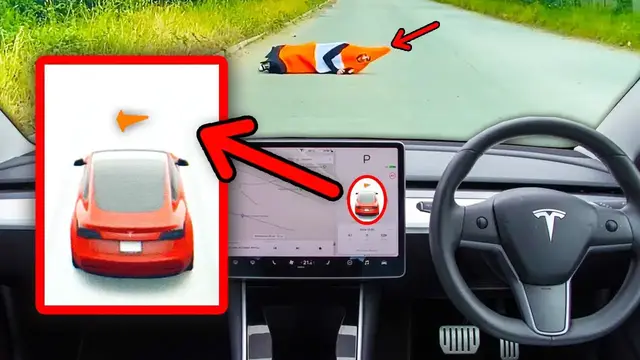'Video thumbnail for Tesla Autopilot now shows traffic cones that have fallen over! (not sure why)'