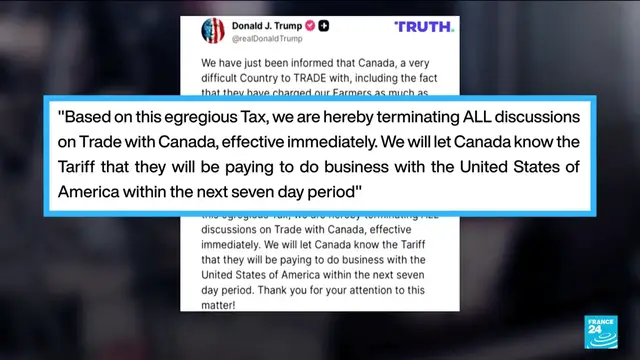 'Video thumbnail for Trump says terminating trade talks with Canada over tax on tech firms'