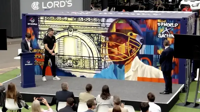'Video thumbnail for Sir Jimmy Anderson unveils spectacular Sachin Tendulkar container'