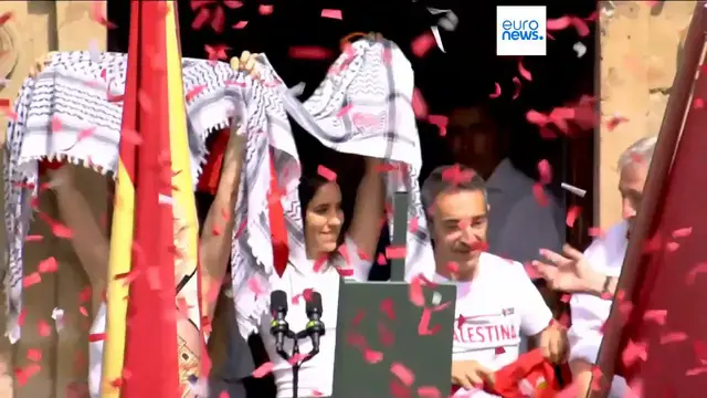'Video thumbnail for Spain's San Fermin bull-running festival begins with a firework blast looking to 'Free Palestine''