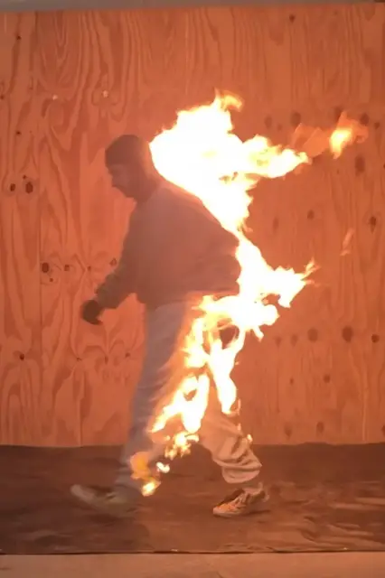 'Video thumbnail for Stuntman performs backflips whilst in a full body burn'