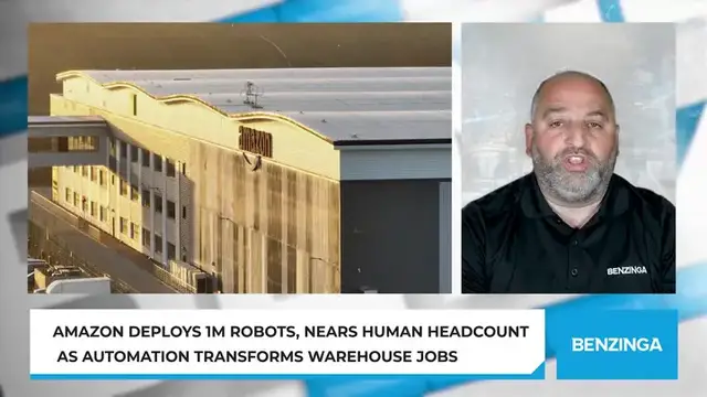 'Video thumbnail for Amazon Deploys 1M Robots, Nears Human Headcount As Automation Transforms Warehouse Jobs'