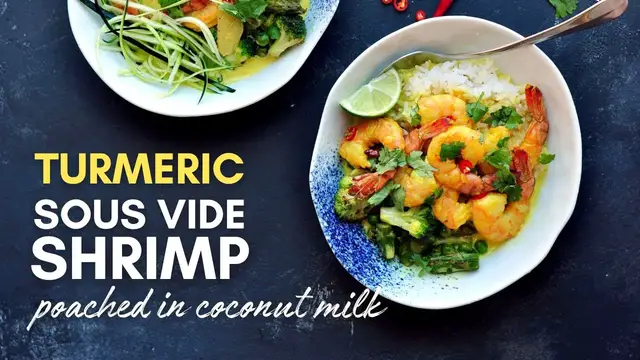 'Video thumbnail for Turmeric Sous Vide Shrimp Poached in Coconut Milk with Green Vegetables'