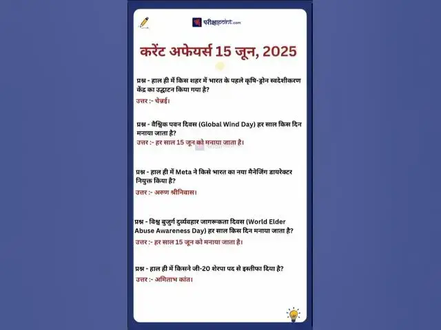 'Video thumbnail for 15 June 2025 Current Affairs in Hindi #hindicurrenttaffairs #gkinhindi #todaycurrentaffairs'