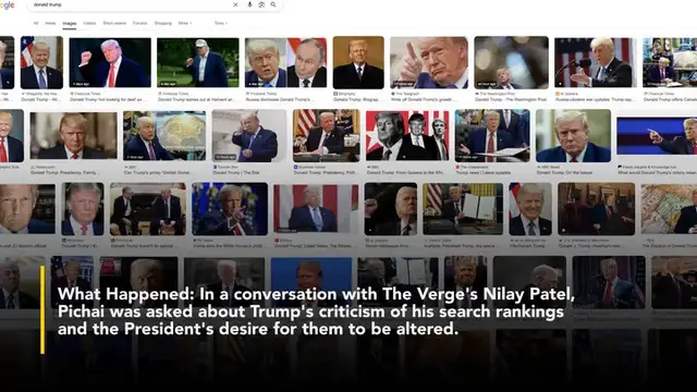 'Video thumbnail for Sundar Pichai Says No One At Google Can Change Trump's Search Ranking — Not Even Him'